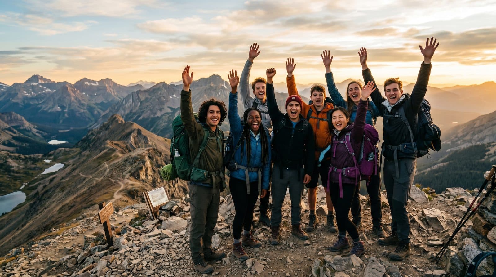 A youth outdoor-education group celebrating at a summit