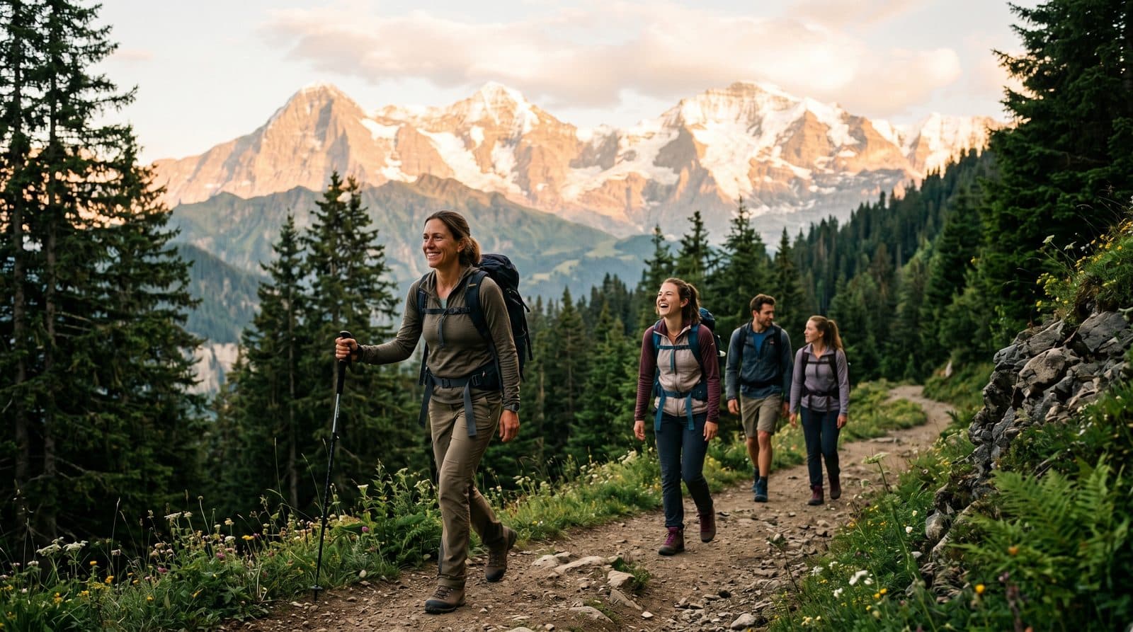 A guide leading a small group toward distant peaks