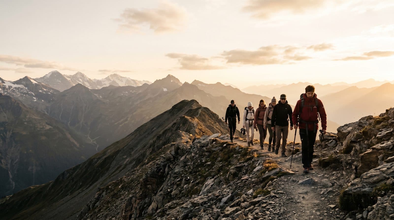 Mountaineers on an alpine ridgeline at dawn