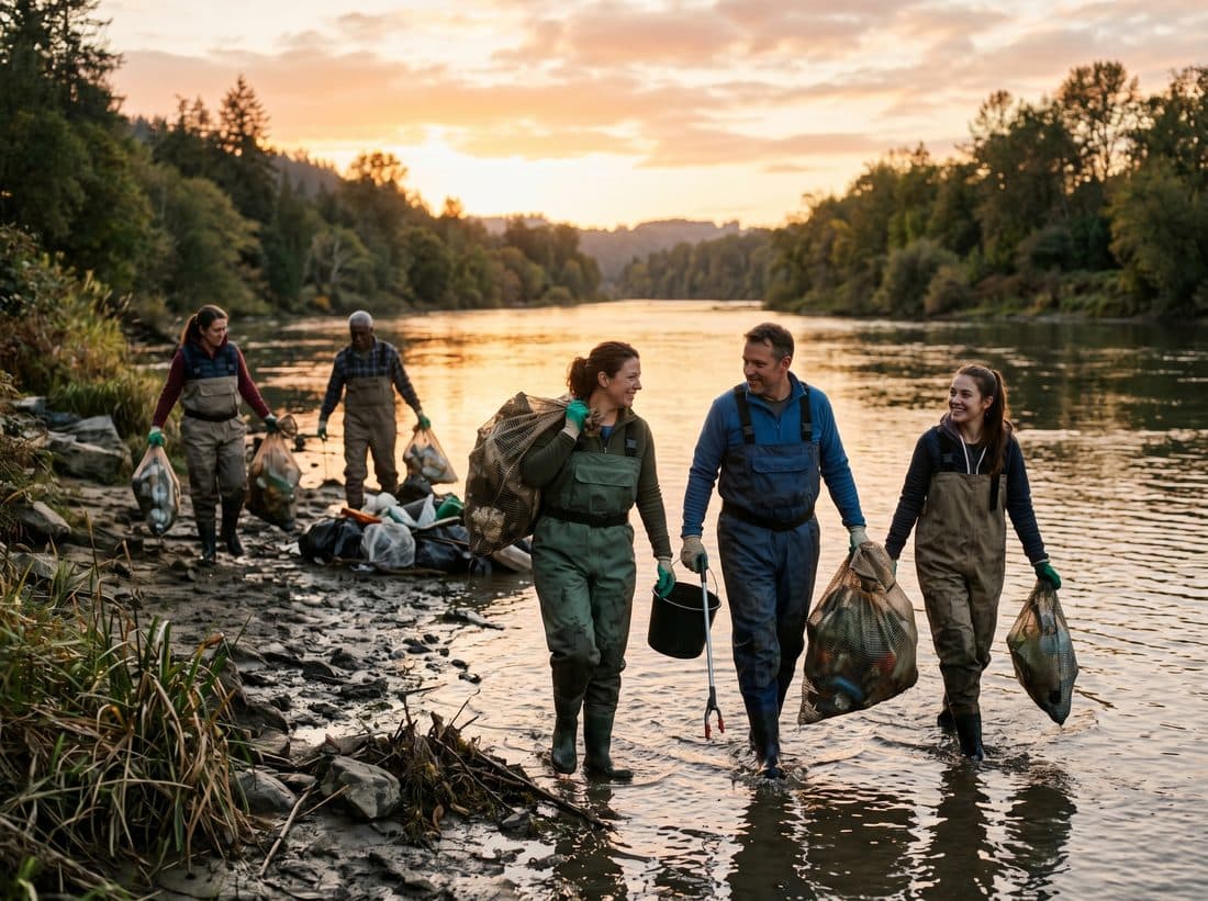 Volunteers cleaning a shoreline