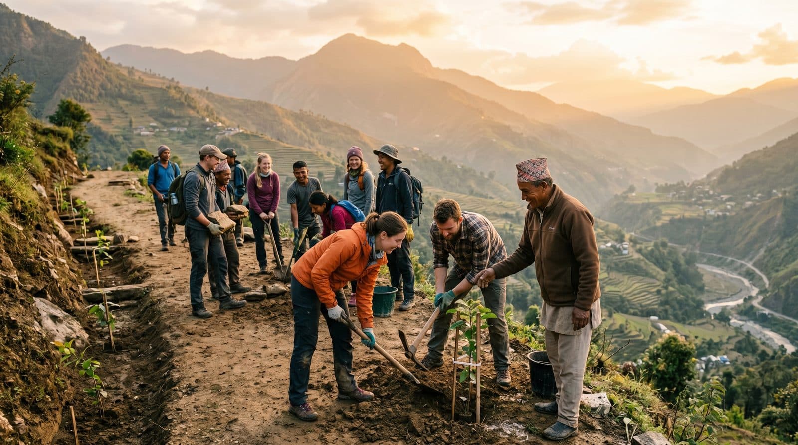 Local guides and volunteers building a trail together